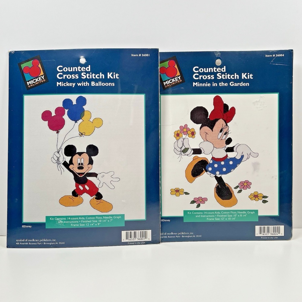 Disney Cross Stitch Kits Set of 2 - Mickey Balloons 36001 & Minnie Flowers 36004